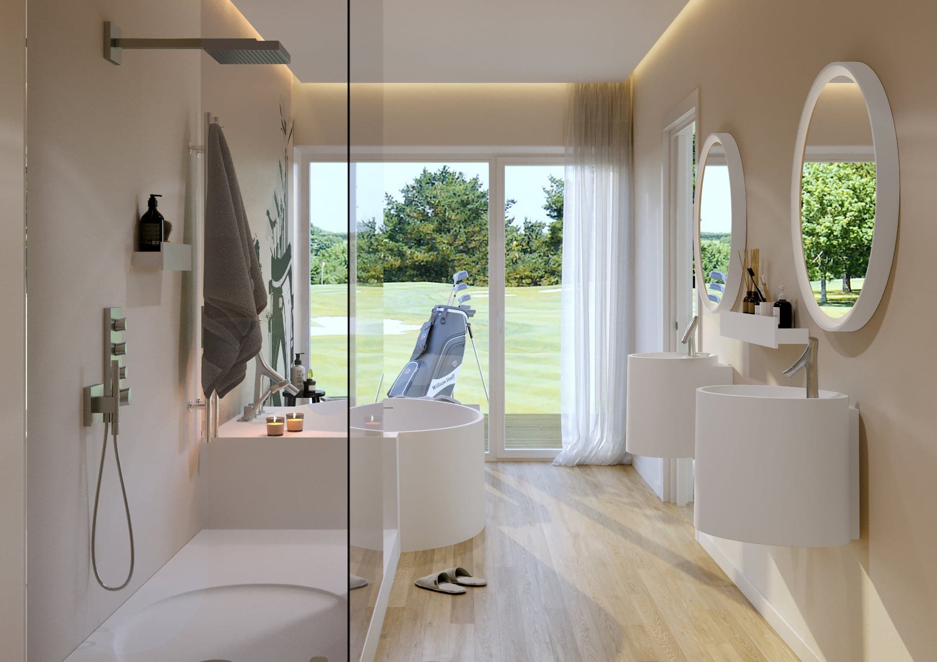 EUMAR OVO dans une salle de bains ouverte sur un golf